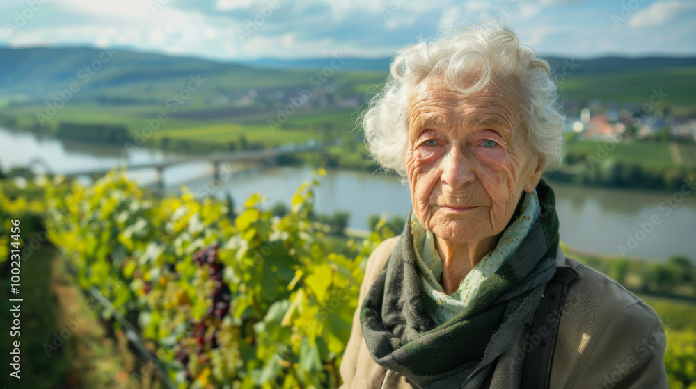 A woman with gray hair wearing a scarf poses in a vineyard, with hills and a river valley visible in the background.