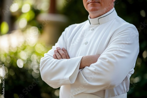 Close-up of a Man in a White Cassock with Arms Crossed