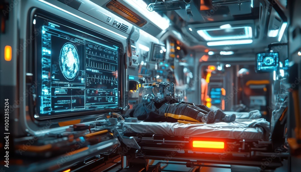 Emergency care in a high-tech ambulance with holographic diagnostic tools and advanced medical devices Futuristic Hologram High Detail Emergency care in a high-tech ambulance with holographic diagnostic tools and advanced medical devices Futuristic Hologram High Detail