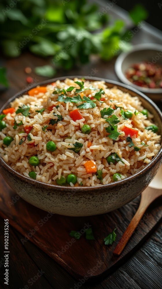 Delicious Vegetable Fried Rice Served in a Rustic Bowl With Fresh Herbs on a Wooden Surface Delicious Vegetable Fried Rice Served in a Rustic Bowl With Fresh Herbs on a Wooden Surface