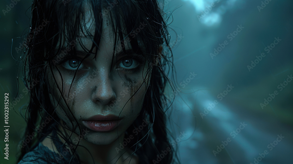 Portrait of a girl with wet hair and freckles in a misty environment Portrait of a girl with wet hair and freckles in a misty environment