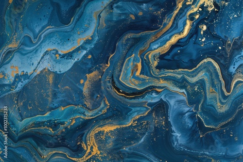 Blue and Gold Fluid Art with Luxurious Swirling Patterns and Golden Accents