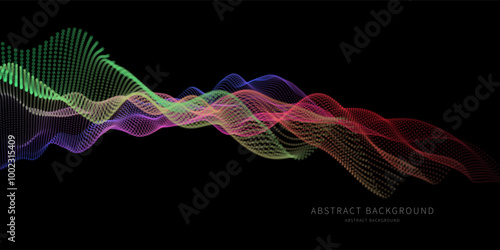 Abstract background wavy flow dots on dark. Technology concept analytical data. Banner for business, science and technology data analytics. Big Data. Vector illustration.