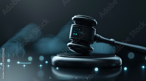 Gavel resting on a sound block with a digital backdrop in a courtroom setting photo