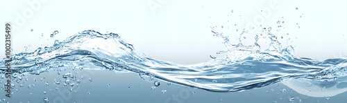 Clear Blue Water Wave with Splashes on a Light Background for Refreshing Concepts