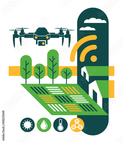 Smart Farming, using drones - isometric design