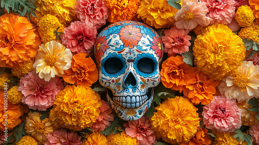 Colorful day of the dead sugar skull surrounded by vibrant marigold flowers on a white background, celebrating mexican cultural tradition. Colorful day of the dead sugar skull surrounded by vibrant marigold flowers on a white background, celebrating mexican cultural tradition.