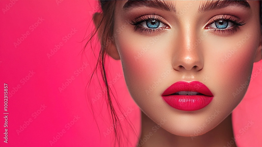 A woman's close-up with blue eyes, red lips, pink background, and bun hair A woman's close-up with blue eyes, red lips, pink background, and bun hair