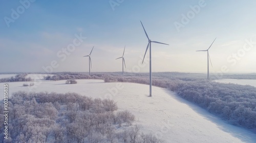 Four Wind Turbines Standing Tall in a Snowy Landscape