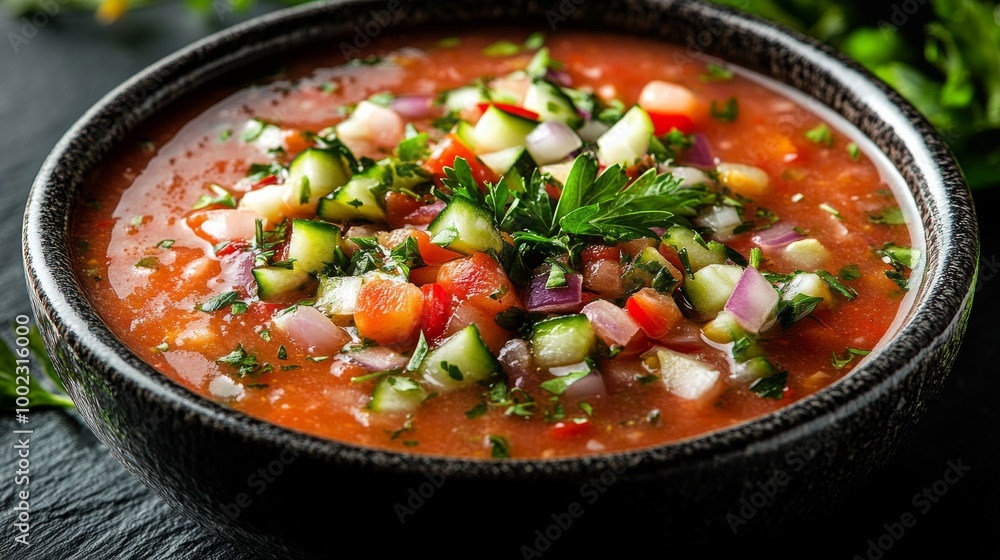 A colorful and nutritious vegetable soup served in a dark bowl, featuring a variety of diced vegetables and fresh herbs, ideal for a wholesome and comforting meal. A colorful and nutritious vegetable soup served in a dark bowl, featuring a variety of diced vegetables and fresh herbs, ideal for a wholesome and comforting meal.