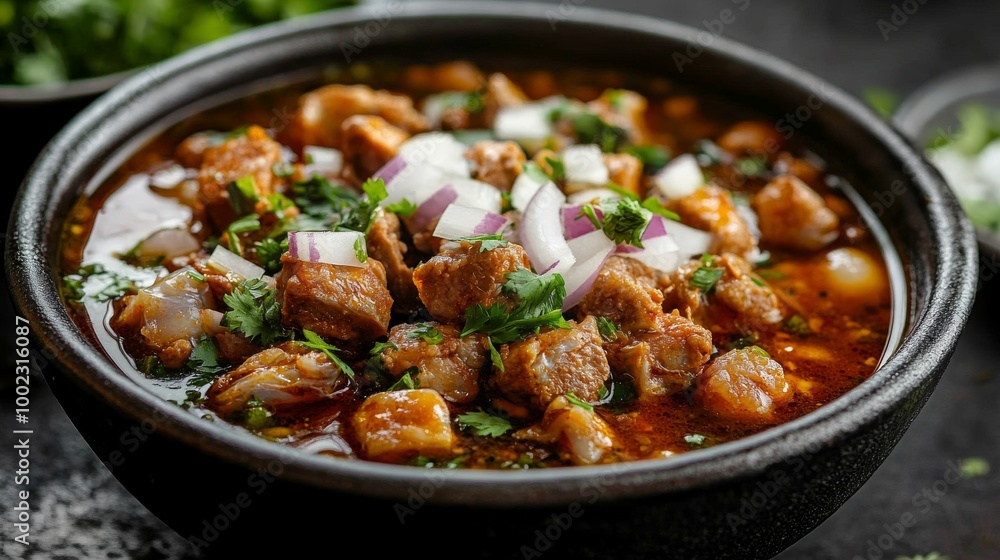 A delicious and vibrant Mexican soup featuring tender meat chunks, hominy, garnished with fresh onions and cilantro, served in a traditional black stone bowl. A delicious and vibrant Mexican soup featuring tender meat chunks, hominy, garnished with fresh onions and cilantro, served in a traditional black stone bowl.