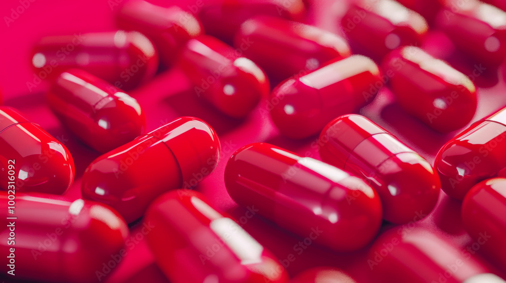 Red capsules scattered on a vibrant pink surface Red capsules scattered on a vibrant pink surface