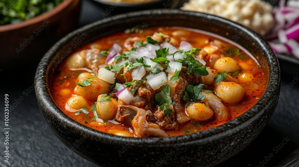 A vibrant and hearty Mexican soup with chunks of meat, hominy, and garnished with chopped onions and cilantro, served in a traditional black stone bowl. A vibrant and hearty Mexican soup with chunks of meat, hominy, and garnished with chopped onions and cilantro, served in a traditional black stone bowl.