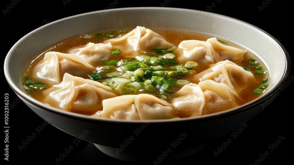 A delicate bowl of wonton soup, featuring tender dumplings swimming in a clear, savory broth, garnished with finely chopped green onions, offering a comforting and warming experience. A delicate bowl of wonton soup, featuring tender dumplings swimming in a clear, savory broth, garnished with finely chopped green onions, offering a comforting and warming experience.