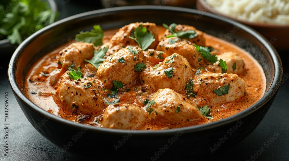A vibrant bowl of creamy chicken curry, displaying succulent pieces of chicken enveloped in rich, aromatic sauce, enhanced by a garnish of fresh cilantro for added freshness. A vibrant bowl of creamy chicken curry, displaying succulent pieces of chicken enveloped in rich, aromatic sauce, enhanced by a garnish of fresh cilantro for added freshness.