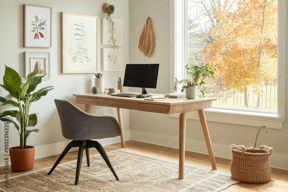 A serene home office with a desk, computer, plants, and natural light. A serene home office with a desk, computer, plants, and natural light.