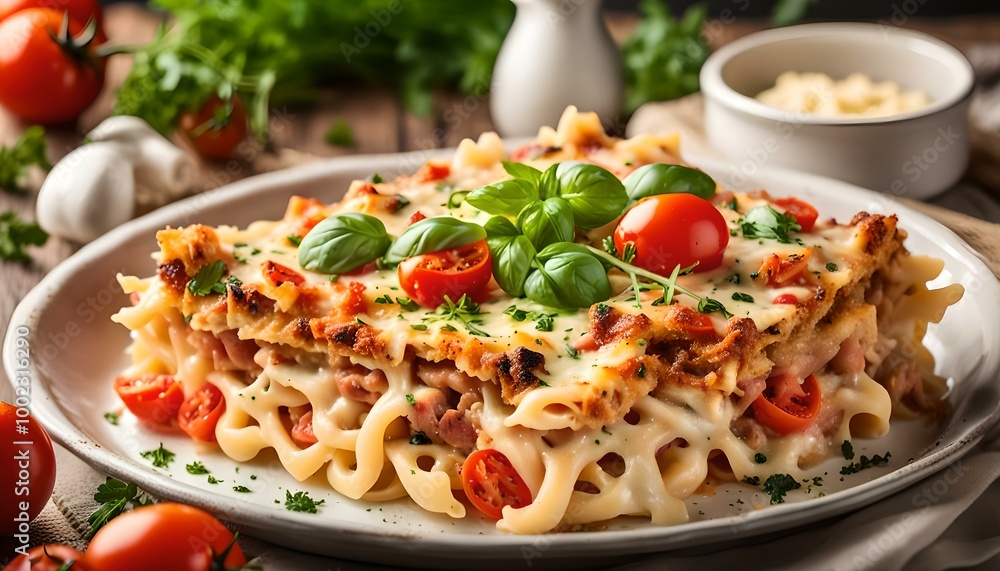 Tuna Pasta Bake with cheese and tomatoes.
Tuna Pasta Bake with cheese and tomatoes.