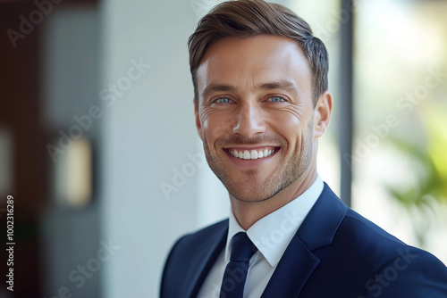 photo of a young and handsome business man in a suit in the office 