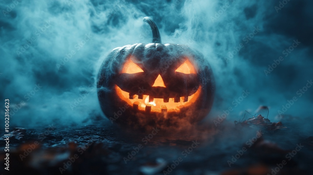 A dimly lit scene featuring a jack-o'-lantern with an intense glow, surrounded by thick, swirling mist, evoking a classic Halloween atmosphere of spookiness. A dimly lit scene featuring a jack-o'-lantern with an intense glow, surrounded by thick, swirling mist, evoking a classic Halloween atmosphere of spookiness.
