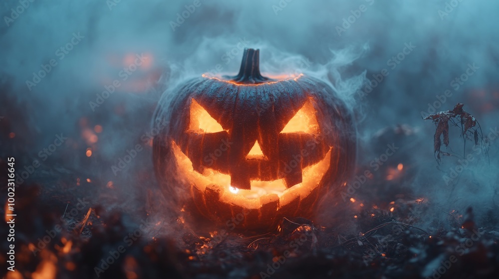 A mystical and eerie Halloween scene featuring a brightly glowing Jack-o'-lantern, surrounded by a dense fog, creating a magical and haunting atmosphere. A mystical and eerie Halloween scene featuring a brightly glowing Jack-o'-lantern, surrounded by a dense fog, creating a magical and haunting atmosphere.