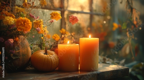 A small pumpkin sits along with two glowing candles on a wooden surface and a bouquet of delicate flowers, with background showing an autumnal setting through a window.