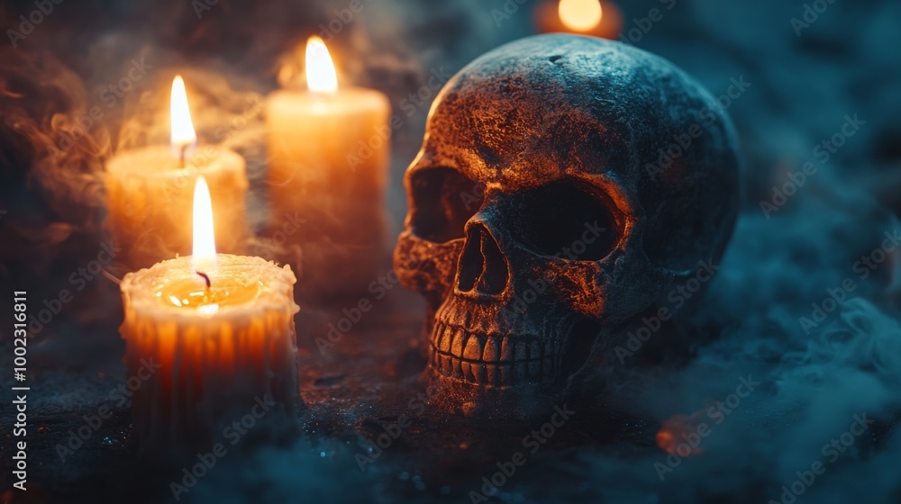 A human skull surrounded by flickering candles in a dark setting, with smoke rising from the candles, creating a spooky and ethereal atmosphere perfect for Halloween decoration. A human skull surrounded by flickering candles in a dark setting, with smoke rising from the candles, creating a spooky and ethereal atmosphere perfect for Halloween decoration.