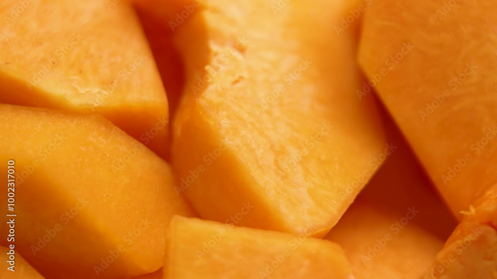 Raw organic sliced Butternut pumpkin with rich texture and sweet flavor. Macro shot. Rotation Raw organic sliced Butternut pumpkin with rich texture and sweet flavor. Macro shot. Rotation
