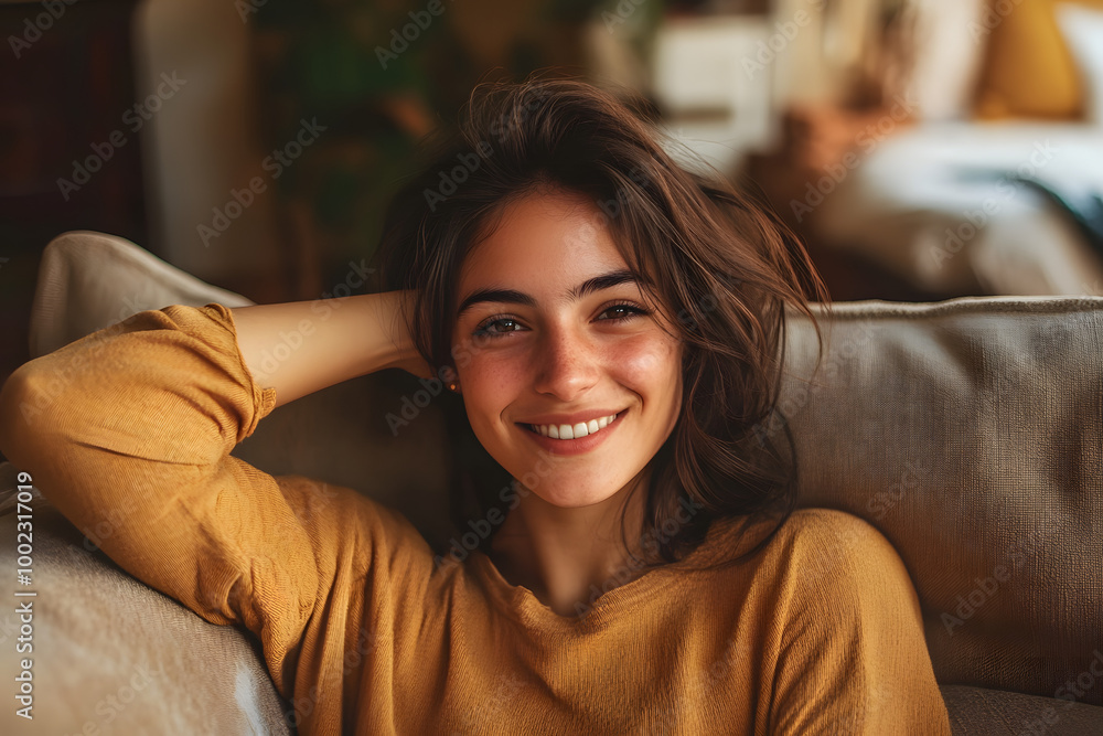 Smiling young woman relaxing at home on a cozy couch in warm tones Smiling young woman relaxing at home on a cozy couch in warm tones