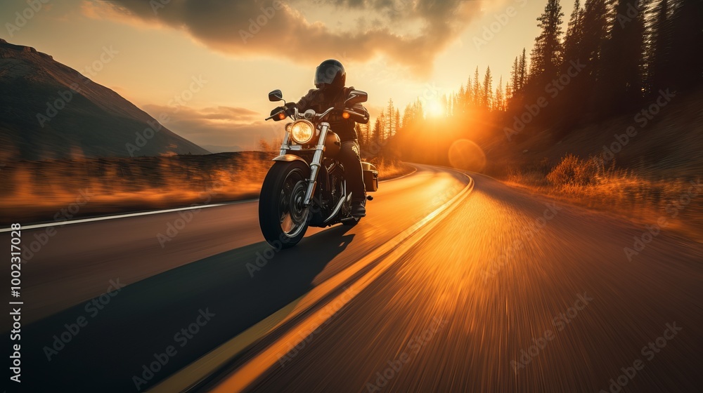 A motorcyclist enjoying a scenic ride along a winding road at sunset in the mountains A motorcyclist enjoying a scenic ride along a winding road at sunset in the mountains