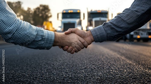 Two people shaking hands on a road with trucks in the background, symbolizing a business agreement or partnership in the transportation industry.