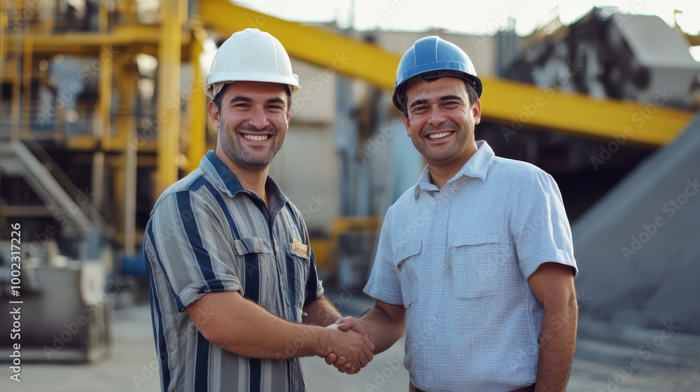Two smiling engineers with hard hats shake hands, symbolizing partnership and collaboration at a construction site. Two smiling engineers with hard hats shake hands, symbolizing partnership and collaboration at a construction site.