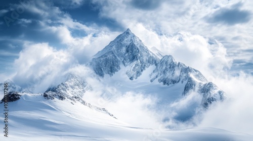 Majestic Snowy Mountain Peak Emerging from Clouds