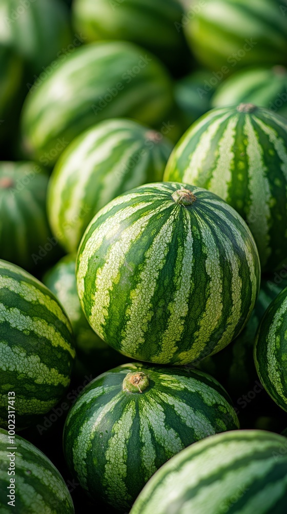 Freshly Harvested Watermelons Stacked Together at a Sunny Local Market in Summer Freshly Harvested Watermelons Stacked Together at a Sunny Local Market in Summer