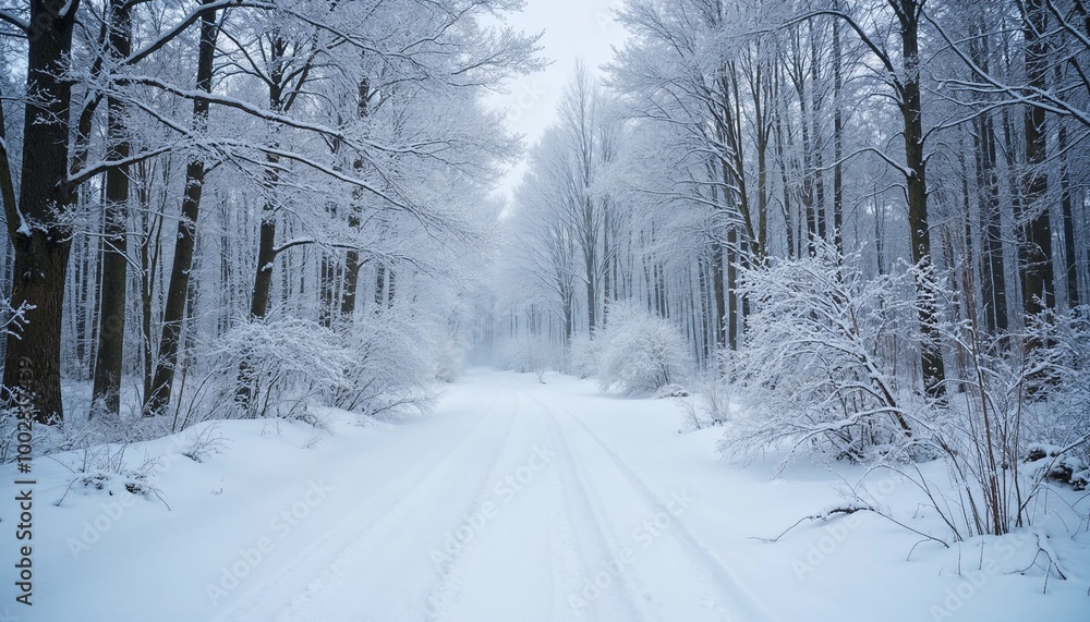 Fototapeta premium Snow-covered trees lining a tranquil winter path in a quiet forest