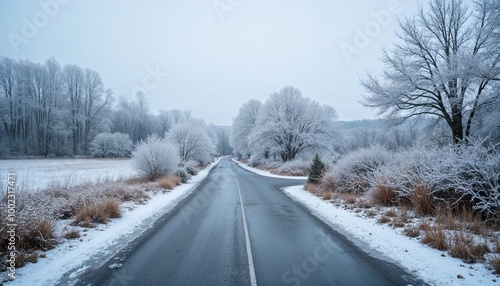 Empty winter road surrounded by frost-covered trees and grass under cloudy sky