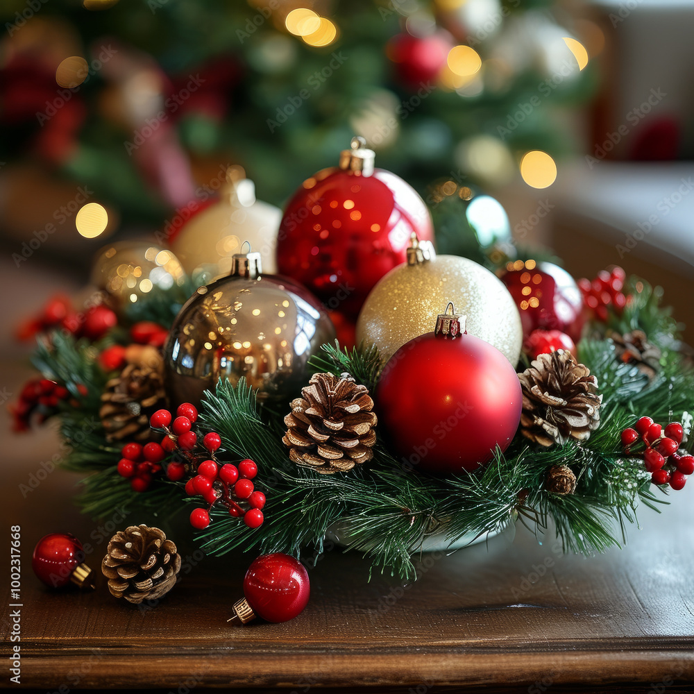 Christmas Wreath and Ornaments on Rustic Table. Festive Holiday Decorations with Wreath and Ornaments. Wreath and Holiday Ornaments on Rustic Table Setting. Christmas Wreath and Ornaments on Rustic Table. Festive Holiday Decorations with Wreath and Ornaments. Wreath and Holiday Ornaments on Rustic Table Setting.