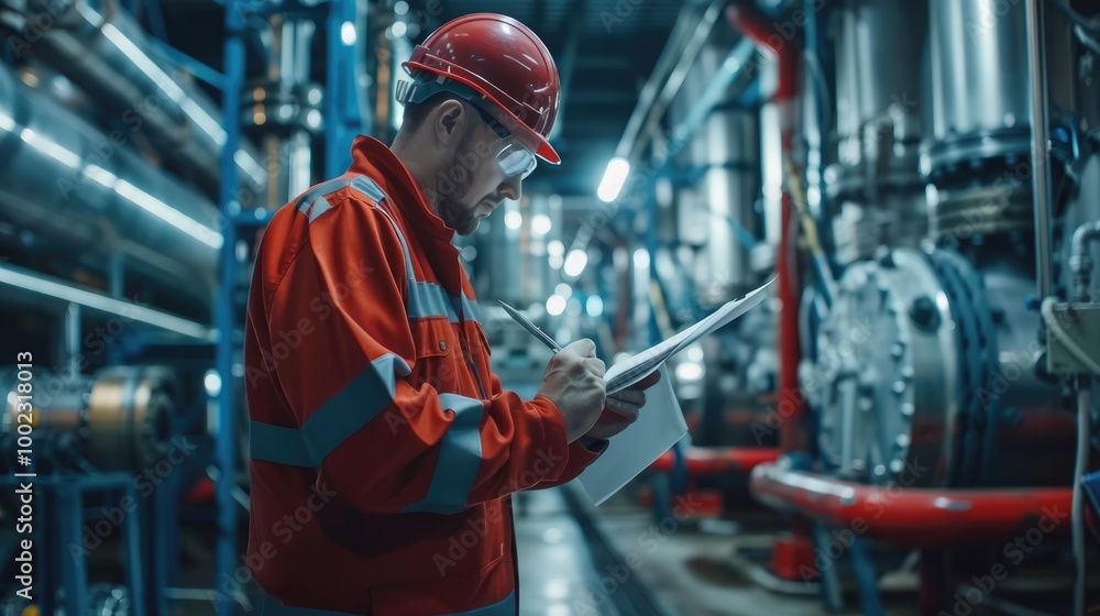 Imagine an engineer in blue overalls and white helmet, taking notes on his notepad while inspecting the main oil pipe . Imagine an engineer in blue overalls and white helmet, taking notes on his notepad while inspecting the main oil pipe .