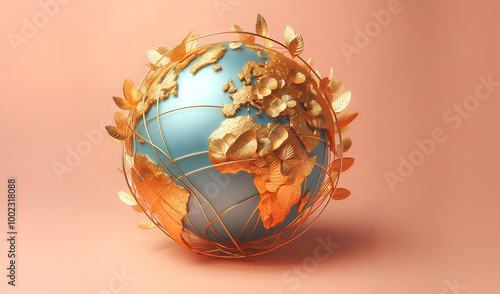 The world is made of golden leaves on a pastel background.