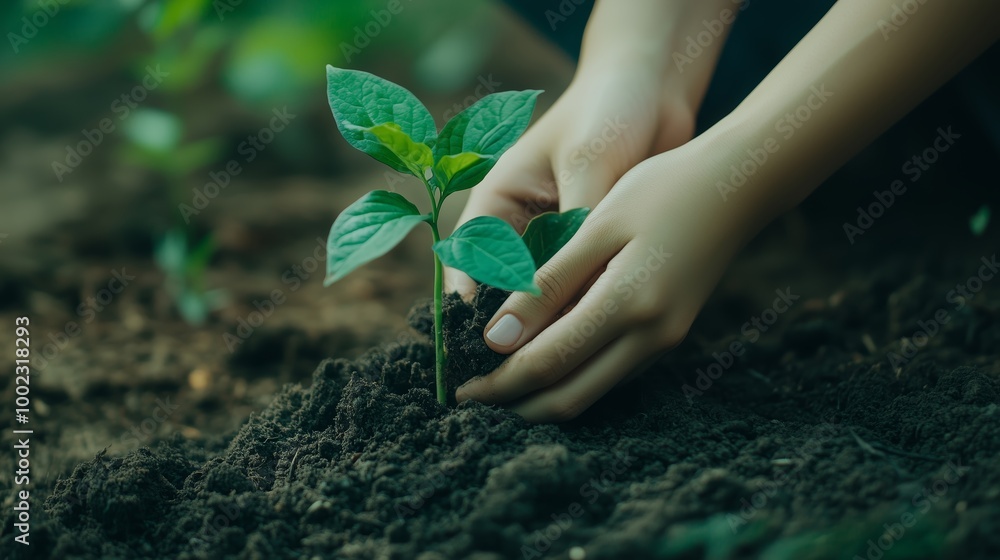 Fototapeta premium Planting a young seedling in fertile soil during springtime to promote growth and sustainability in a garden setting