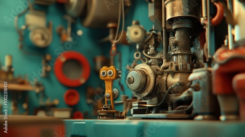 A Curious Small Robot With Big Eyes In A Rusty Machinery Setting