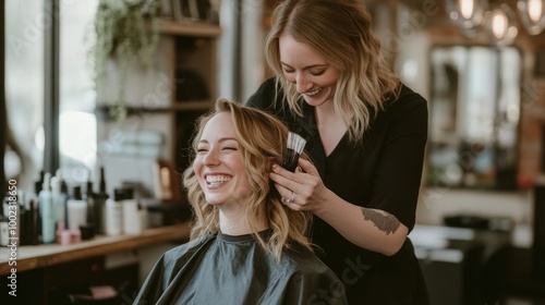 Blonde woman getting her hair done at a salon photo