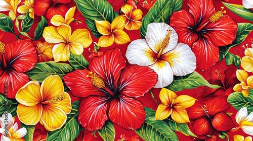  A painting of red, yellow, and white flowers against a red background, adorned with green leaves and red and white blooms