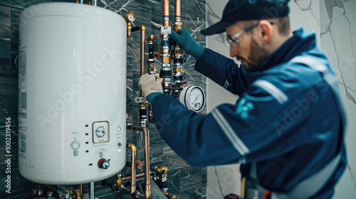 Plumber with blue uniform dress and cap working on a white hot water tank in a home.