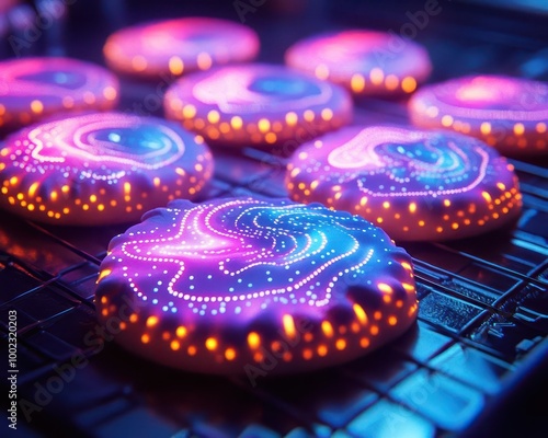 Holiday cookies in a futuristic kitchen with glowing digital icing patterns and neon lighting  Futuristic  Neon  High Detail