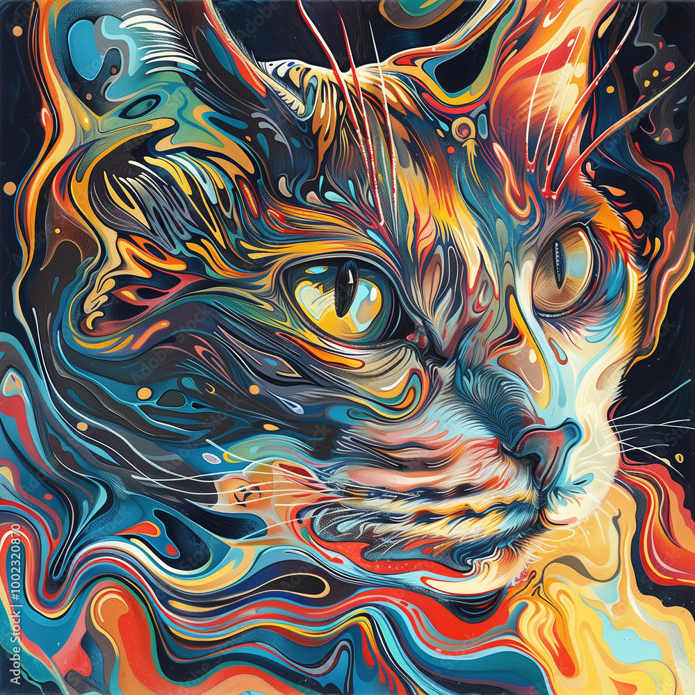 Colorful abstract painting of a cat with bright swirls and patterns Colorful abstract painting of a cat with bright swirls and patterns