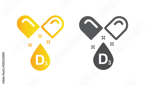 Vitamin D3 gold shining pill, capsule - icon, vector.