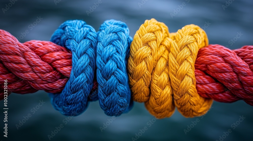 Colorful Twisted Ropes in Vibrant Blue, Red, and Yellow by the Water's Edge at Dawn Colorful Twisted Ropes in Vibrant Blue, Red, and Yellow by the Water's Edge at Dawn