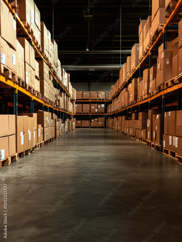 Fototapeta premium A spacious warehouse filled with neatly stacked cardboard boxes on shelves, showcasing organized inventory management in a commercial environment,