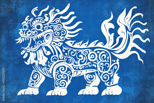 White decorative lion-like creature with intricate swirls on a blue background
 photo