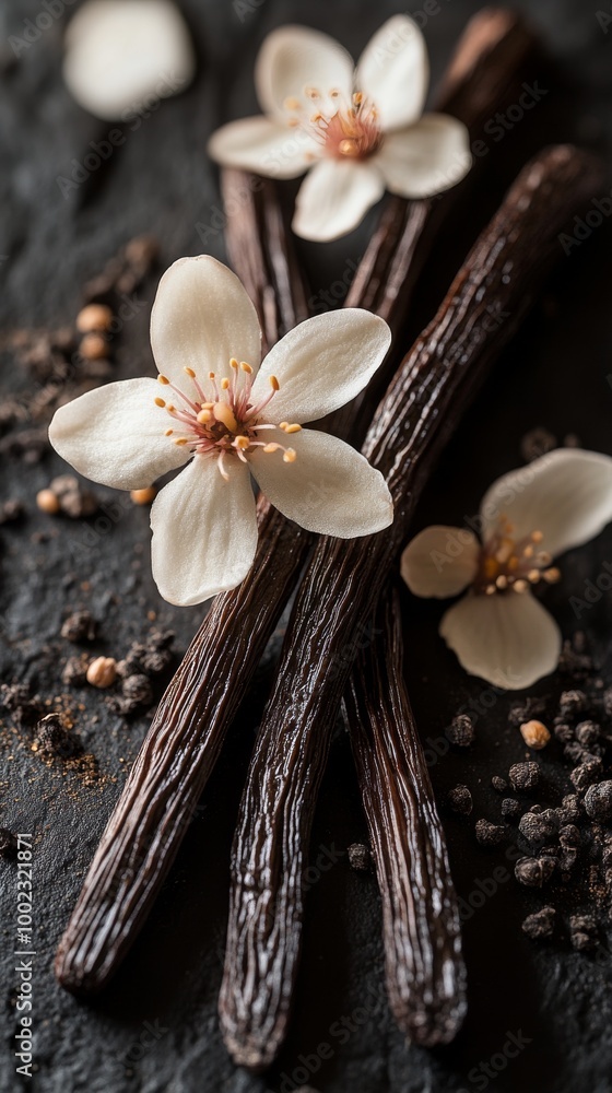 Beautiful Vanilla Beans and Delicate Flowers Arranged Artistically on a Dark Surface Beautiful Vanilla Beans and Delicate Flowers Arranged Artistically on a Dark Surface